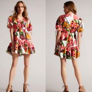 Ted Baker - Size 3 US 8 - Floral Linen Blend Mini Dress